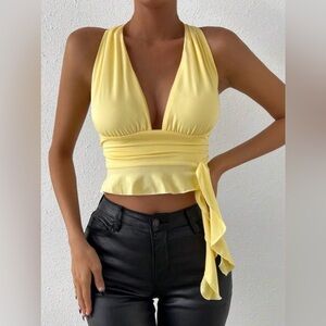 Plunging Neck Ruffle Trim Crisscross Backless
Knot Side Crop Tank Top Large New